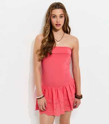 Girls Coral Fold Over Broderie Skirt Dress
