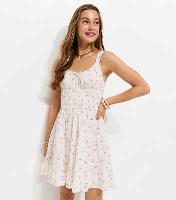 Girls White Rose Print Shirred Dress