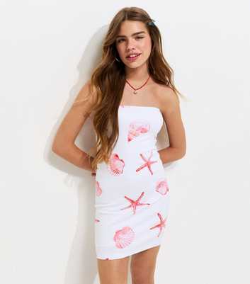 Girls White Cotton Rich Seaside Print Jersey Bandeau Mini Dress
