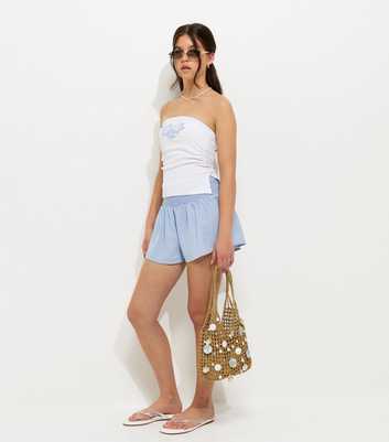 Girls Light Blue Shirred Waist Linen Rich Shorts