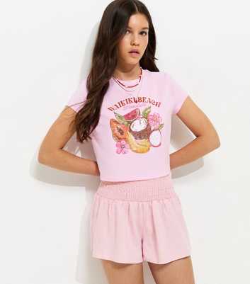 Girls Pink Shirred Waist Linen Rich Shorts