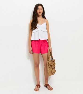 Girls Dark Coral Shirred Waist Linen Rich Shorts