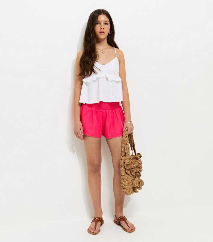 Girls Dark Coral Shirred Waist Linen Rich Shorts
