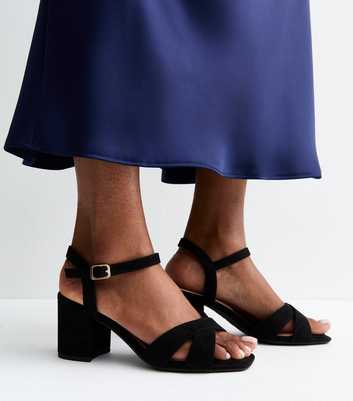 Wide Fit Black Block Heel Cross Strap Sandals