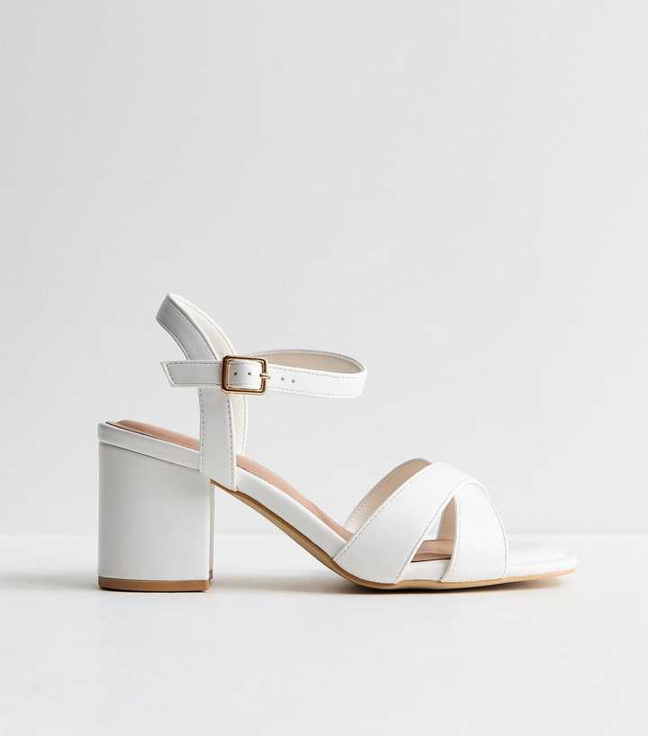 Extra Wide Fit White Cross Strap Block Heel Sandals