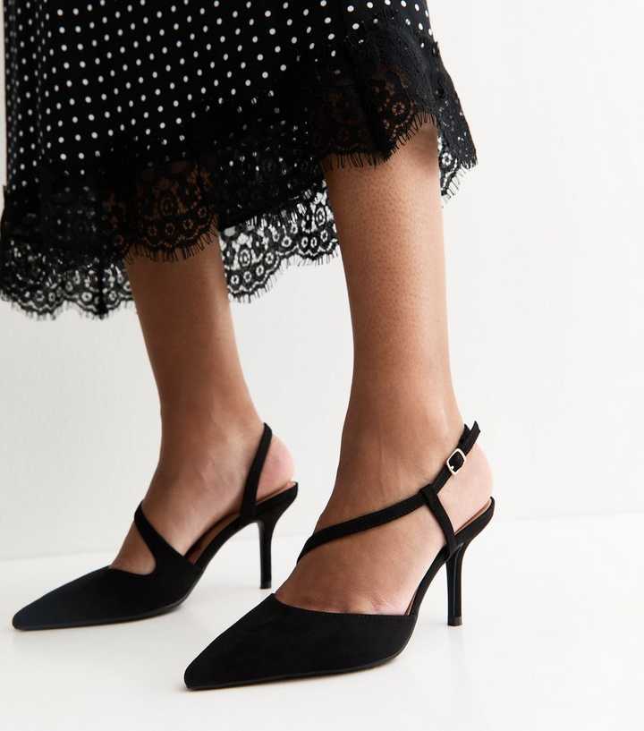 Black Faux Suede Strappy Slingback Court Shoes