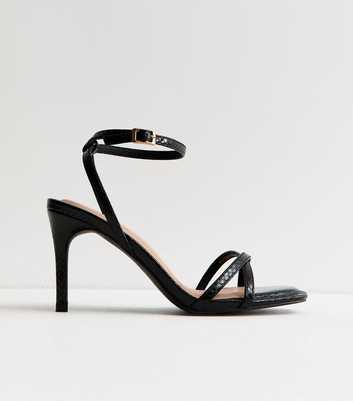 Black Faux Leather Snake Embossed Strappy Stiletto Sandals