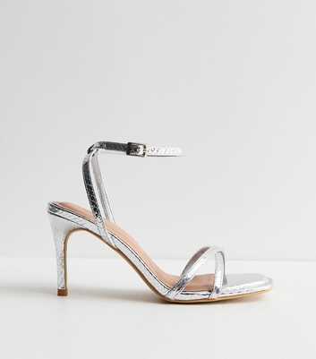 Silver Faux Leather Snake Embossed Strappy Stiletto Sandals