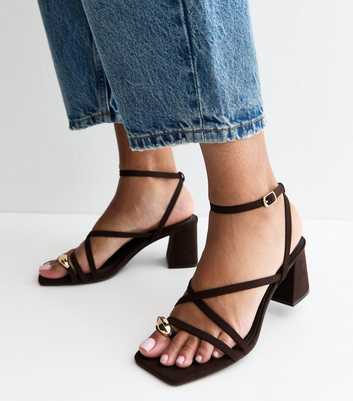 Dark Brown Faux Suede Metal Toe Loop Block Heel Sandals