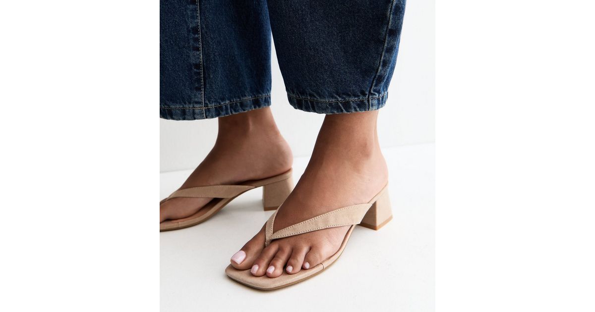 Light Brown Faux Suede Toe Post Block Heel Sandals | New Look