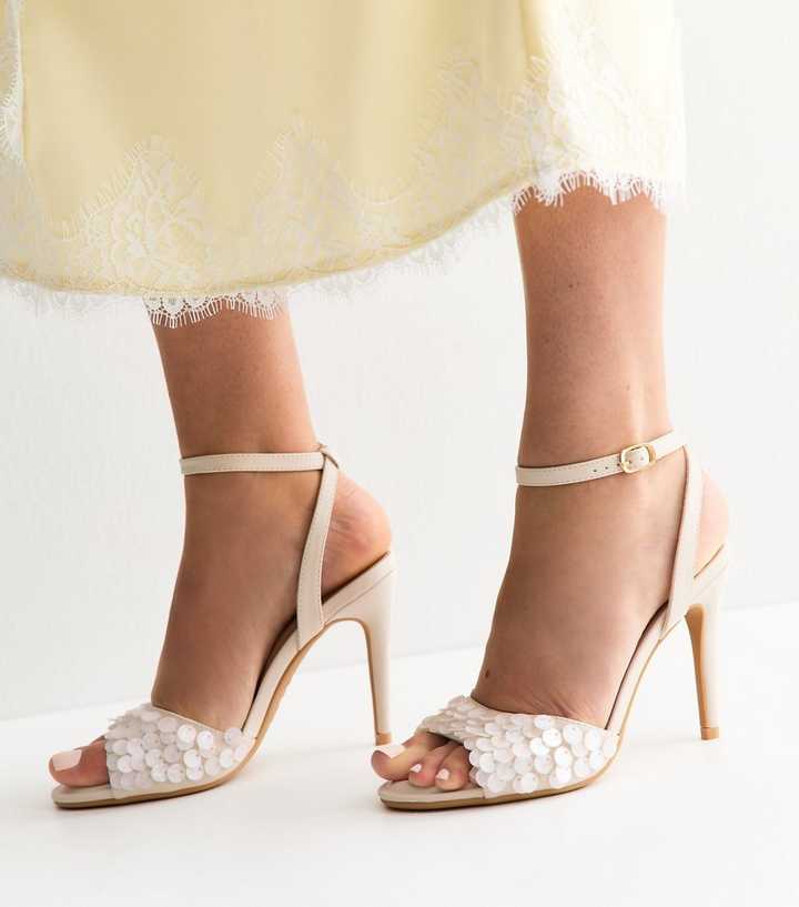 White Faux Leather Sequinned Stiletto Sandals