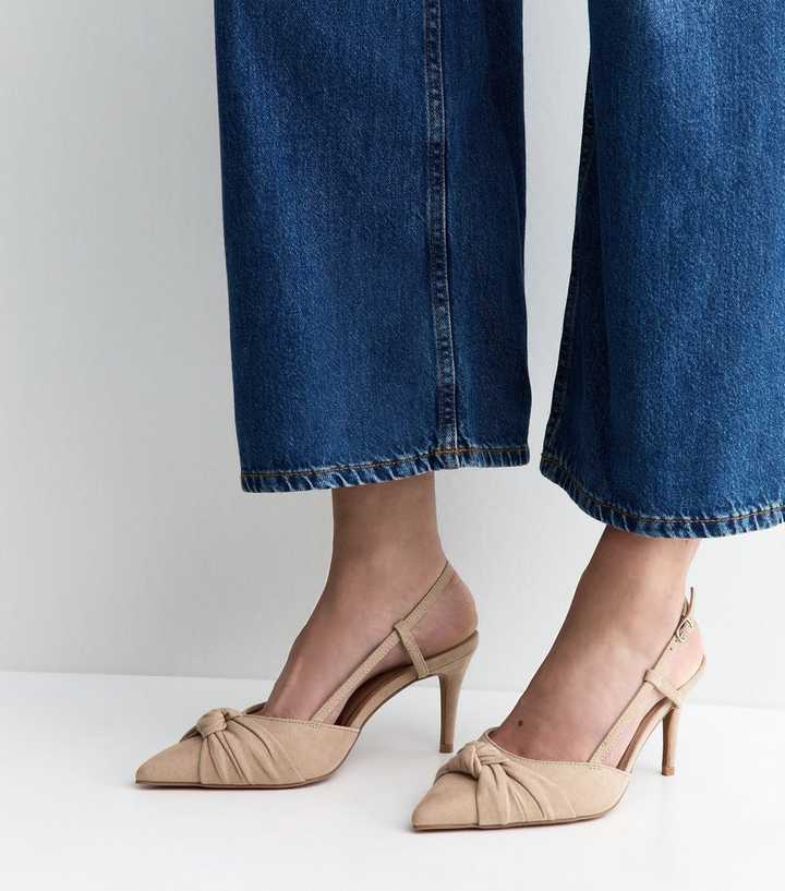 Wide Fit Light Brown Faux Suede Knotted Slingback Court Shoes