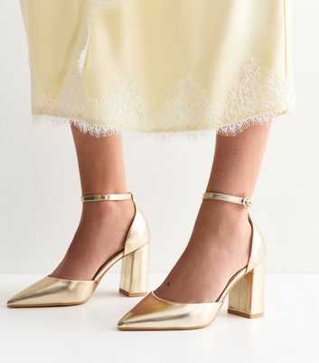 Wide Fit Gold Faux Leather Ankle Strap Court Shoes