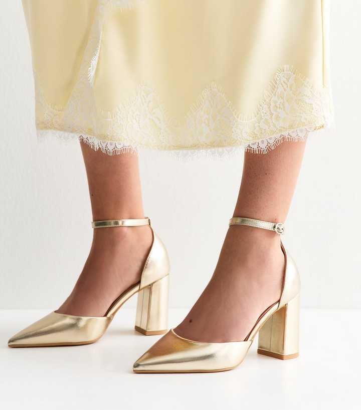 Wide Fit Gold Faux Leather Ankle Strap Court Shoes