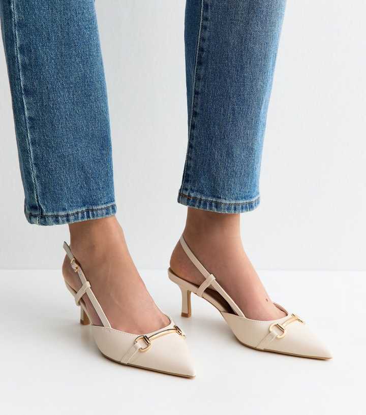 Off White Faux Leather Chain Slingback Court Shoes