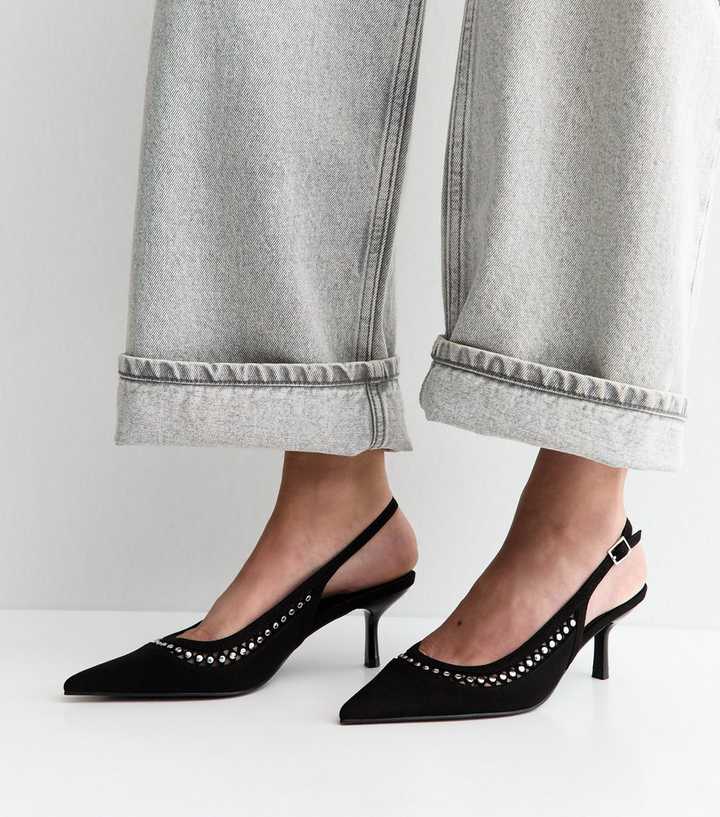 Black Faux Suede Studded Slingback Court Shoes