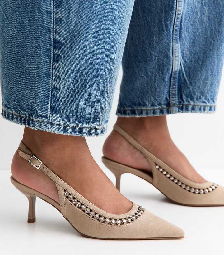 Light Brown Faux Suede Studded Slingback Court Shoes
