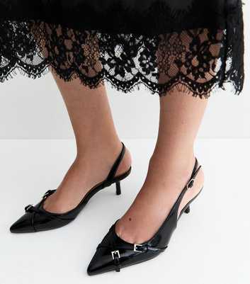 Black Buckle Detail Patent Slingback Court Shoes