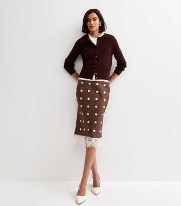 Brown Satin Polka Dot Lace Hem Midi Skirt