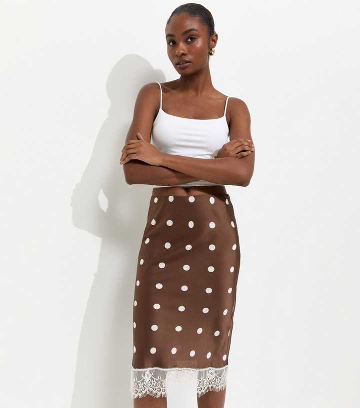Brown Satin Polka Dot Lace Hem Midi Skirt