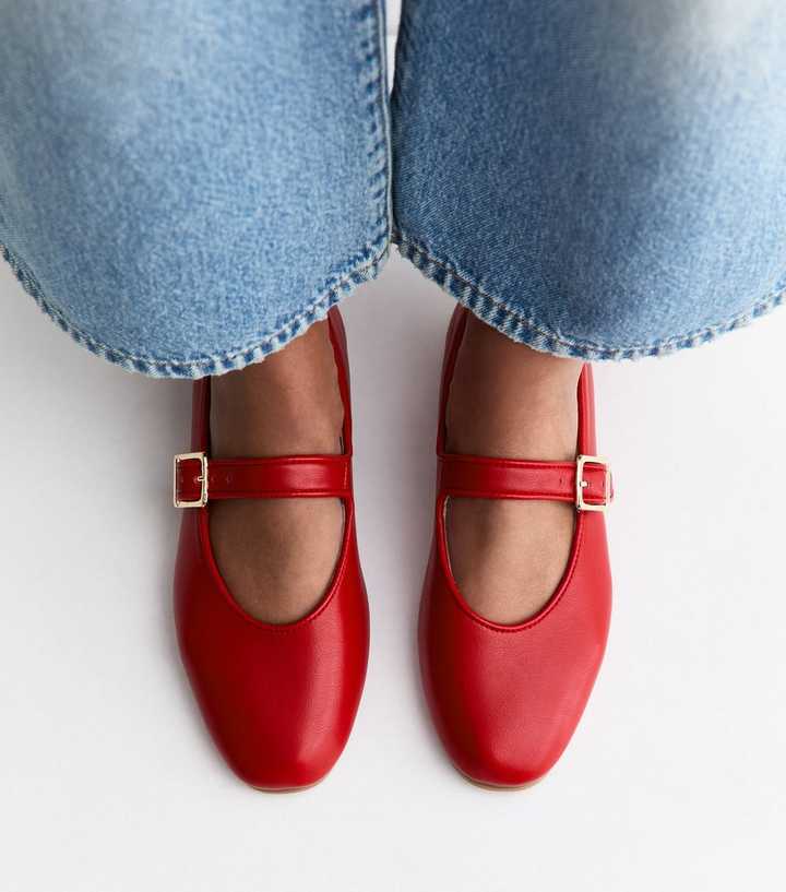 Bright Red Faux Leather Mary Jane Ballet Pumps | New Look