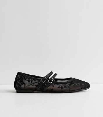 Black Floral Mesh Double Strap Mary Jane Pumps