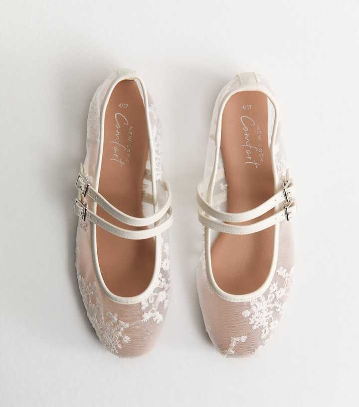 White Floral Mesh Double Strap Mary Jane Pumps
