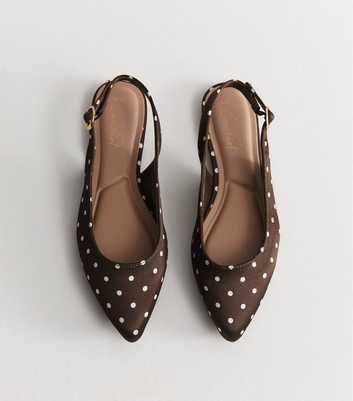 Brown Satin Polka Dot Sling Back Pumps