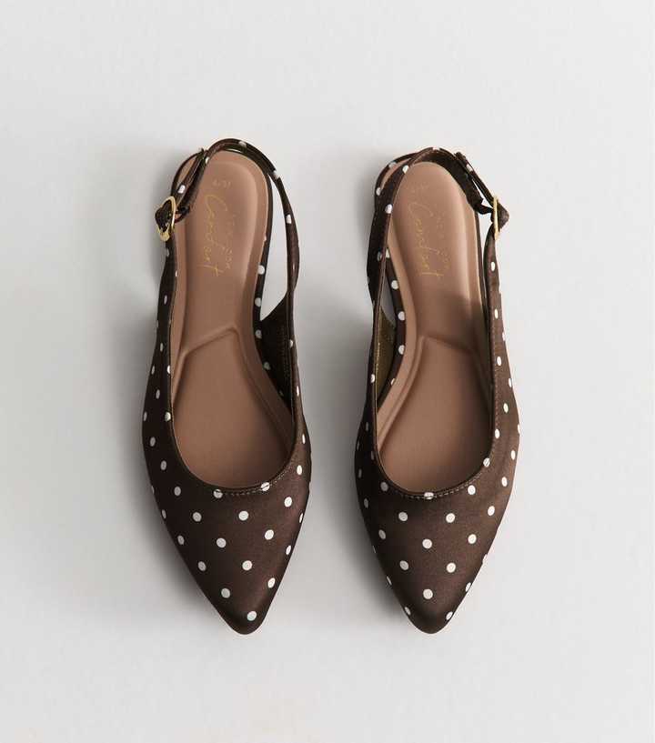 Brown Satin Polka Dot Sling Back Pumps
