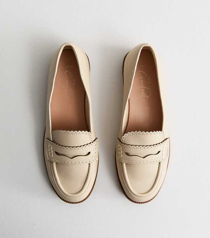Off White Faux Leather Scalloped Penny Loafers