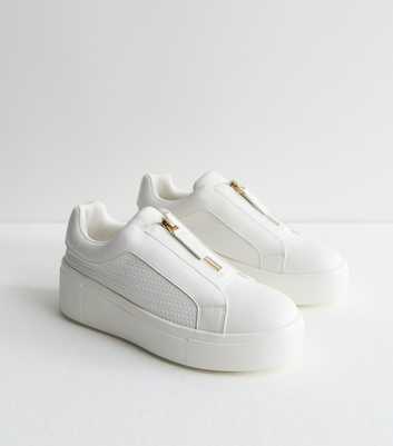 White Faux Leather Zip Top Wedge Trainers