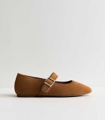Premium Suede Tan Faux Scallop Edge Mary Jane Flats