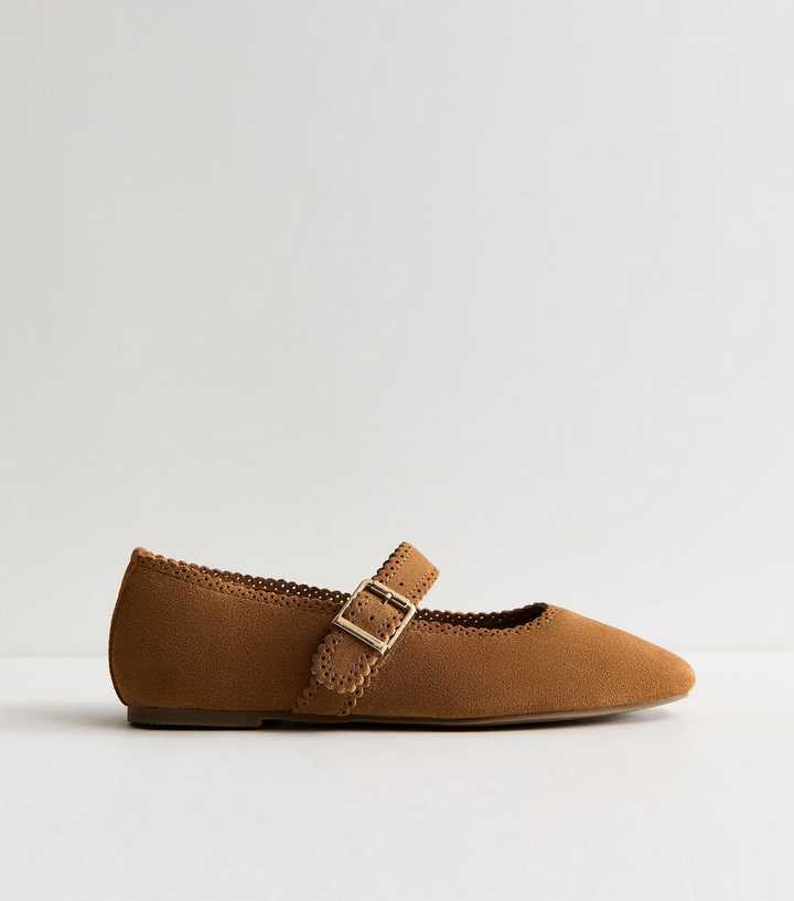 Premium Suede Tan Faux Scallop Edge Mary Jane Flats