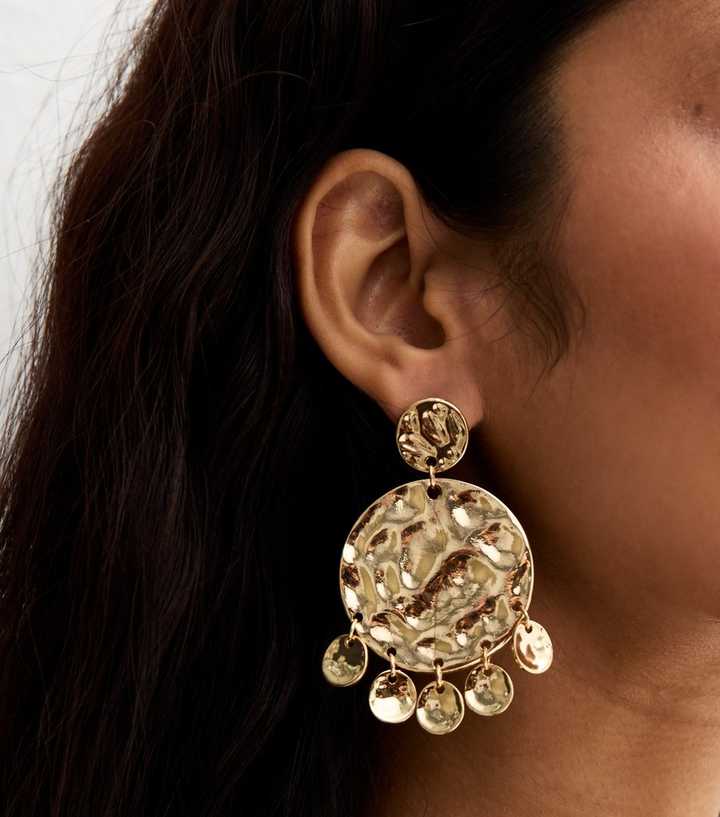 Gold Tone Hammered Disk Charm Earrings