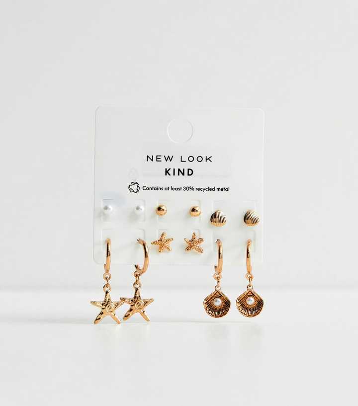 Pack of 6 Gold Tone Starfish Stud and Drop Hoop Earrings