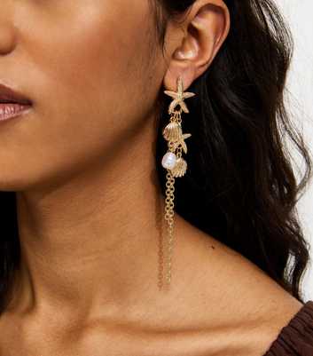 Gold Tone Starfish Chain Drop Earrings