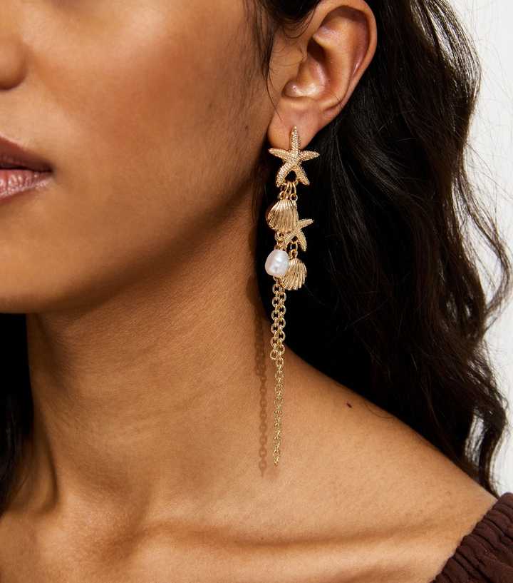 Gold Tone Starfish Chain Drop Earrings