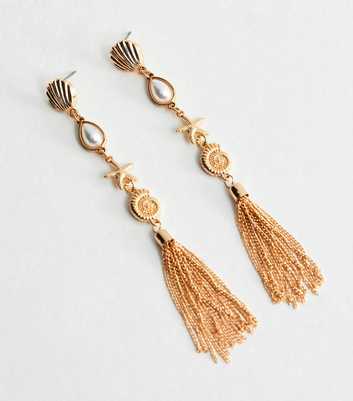 Gold Tone Seashell Tassel Drop Earrings