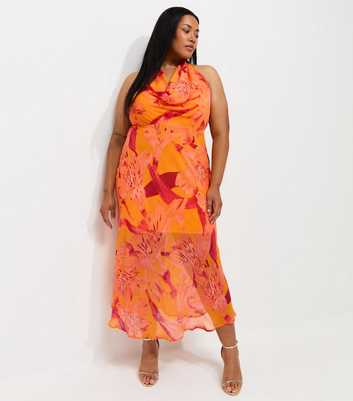 Curves Bright Orange Floral Halter Maxi Dress