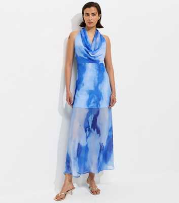 Blue Chiffon Cowl Halter Neck Maxi Dress