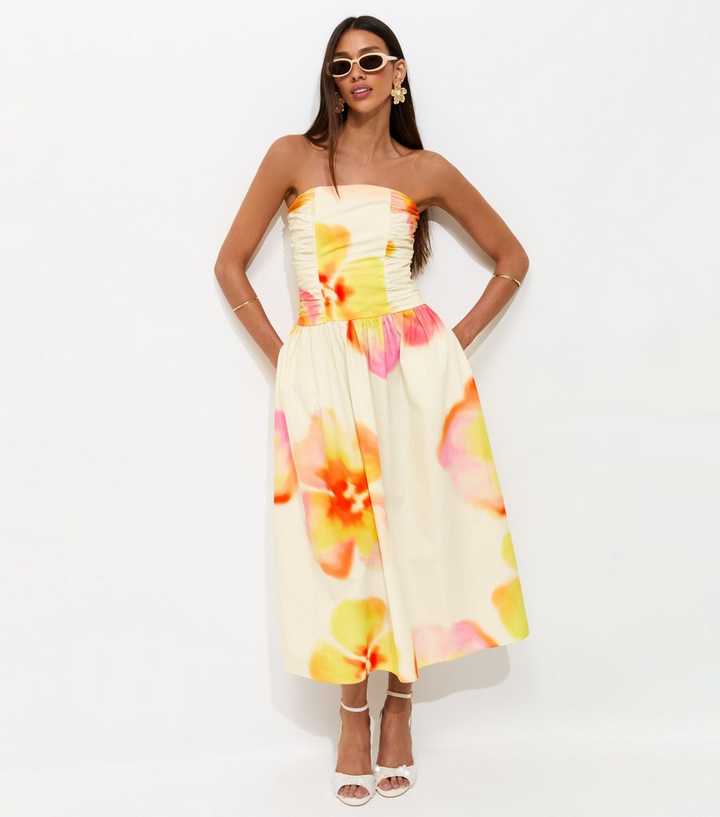 Cream Lotus Print Ruched Bandeau Midi Dress