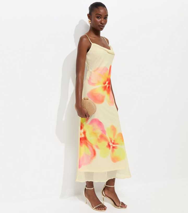 Cream Hibiscus Chiffon Cowl Neck Midi Dress