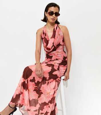 Pink Chiffon Floral Cowl Halter Neck Maxi Dress