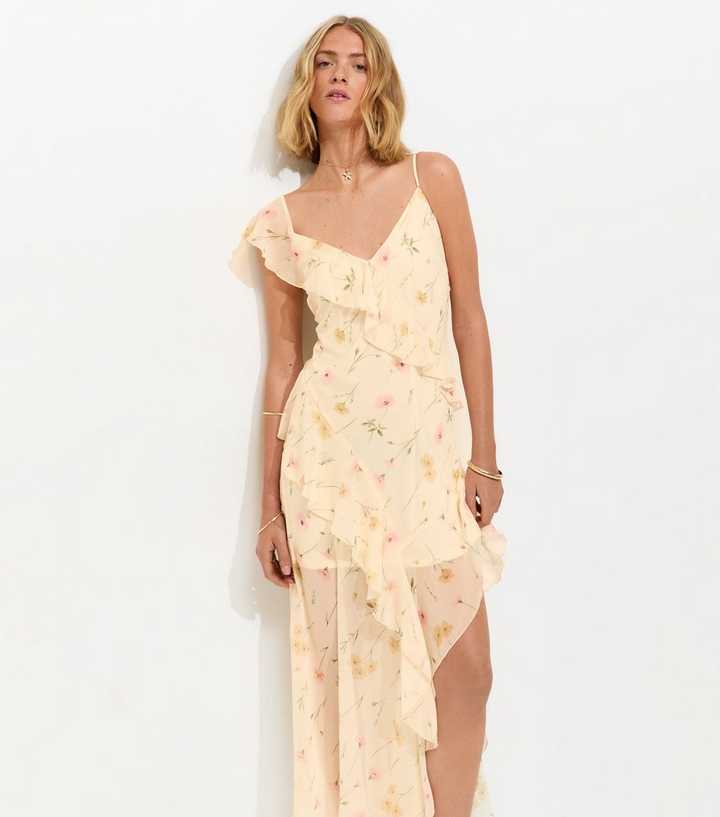 Cream Chiffon Ruffle Trim Floral Midi Dress | New Look Cream Chiffon Ruffle Trim Floral Midi Dress | New Look