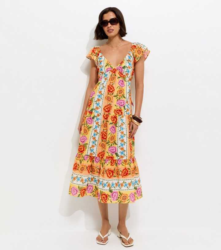 Yellow Cotton Floral Flutter Sleeve Midi Dress