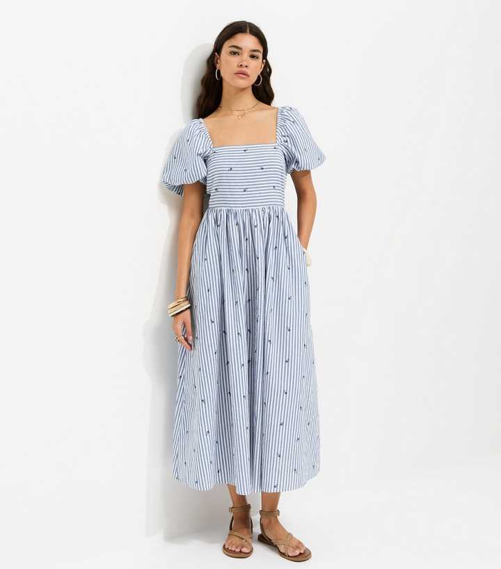 Blue Cotton Striped Floral Milkmaid Midi Dress