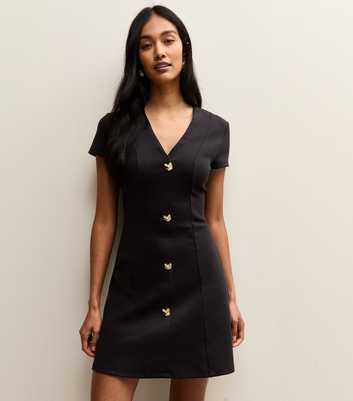 Black Abstract Button Short Sleeve Mini Dress