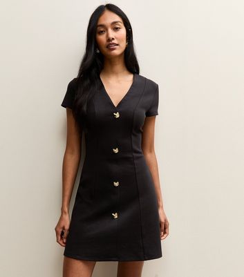 Black Abstract Button Short Sleeve Mini Dress | New Look