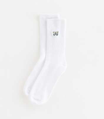White Embroidered Butterfly Tube Socks