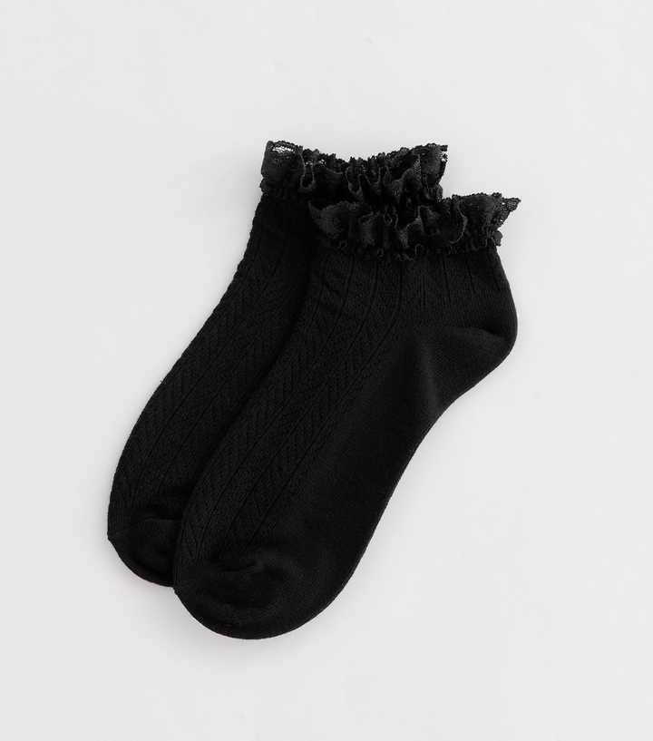 Black Herringbone Frilly Lace Trim Trainer Socks